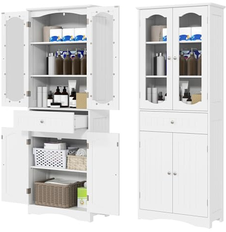 GIANTEX Meuble de Salle de Bain, Colonne Salle de Bain à Portes Vitrées avec1 Tiroir, Étagères Réglables en Hauteur, Armoire de Rangement pour Salon, Cuisine, 60 x 30 x 160 cm