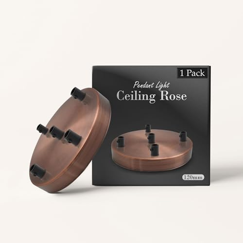 LEDSone Rosone da soffitto a 5 uscite color rame, perfetto per cavo flessibile in tessuto, piastra di montaggio in metallo da 120 mm con accessori per plafoniere e lampade da parete (1 confezione)