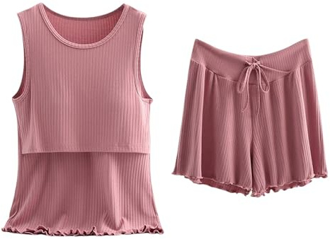 Conjunto de ropa de dormir de algodón para mujer, sin mangas, camiseta sin mangas y pantalones cortos, ropa de maternidad, ropa de noche, apta para lactancia, transpirable, ropa de descanso casual