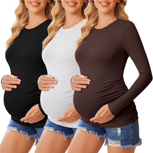 Ekouaer 3 Pack Maternity Shirts Long Sleeve Crew Neck Pregnancy Tops Mama Clothes Black/Brown/White L