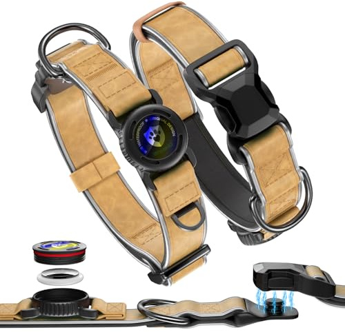 WhoseID Premium Leather Dog Collar - AirTag Dog Collar | Fur-Safe Magnetic Buckle | IPX8 Waterproof Reflective Small Dog Collar with AirTag Holder