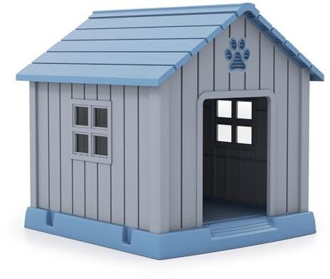 GOPLUS Caseta para Perros de Tamaño Pequeño y Mediano, Casa para Perros de Plástico con Techo Inclinado, Buena Ventilación y Piso Elevado, Perrera para Mascotas Adecuado para Interior y Exterior