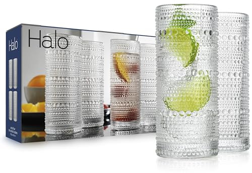 Glaver's Highball Drinking Glasses, 10.82 oz Sleek Hobnail Textured Glassware Modern Tall Tumblers set of 4 Iced Coffee Glasses, Highball Cocktail Set, Dishwasher Safe, Housewarming Gift Set