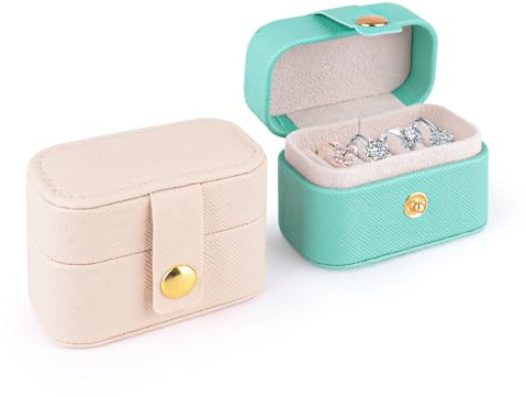Plushly Lot de 2 boîtes à bijoux de voyage pour bagues, mini boîtes à bijoux portables avec 4 emplacements de rangement pour bagues et boucles d'oreilles, cadeau pour femme, rose + bleu