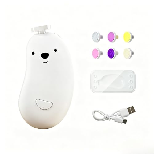 Cortador de uñas eléctrico seguro para bebé, diseño de oso lindo, 6 cabezales de molienda, 3 ajustes ajustables, baja vibración, carga tipo C, 8,8 x 5 cm (blanco)
