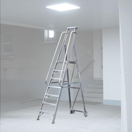 Weise Leiter mit Plattform und Rollen, 3,30m Arbeitshöhe, 1,50 m Podesthöhe, klappbare Sicherheitsleiter für Heimwerker & Handwerker mit Handlauf & Ablageschale, nach DIN EN 131