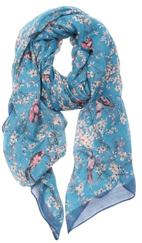 DiaryLook Women Lightweight Scarf Blue Neck Scarves Gifts for Ladies Bird Long Floral Design Shawl Wrap, Blue Bird