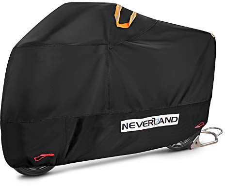 NEVERLAND Bache Moto, 210D Housse de Protection pour Moto, Housse Moto Bâche Orange Noire XXXL, avec Trou de Verrouillage Antivol et Bande Réfléchissante avec Prise d'air