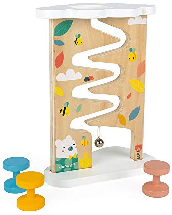 Janod Pure 4 pc Wooden Pastel Bee & Bear Ball Track with Cherry Wood Rollers & Bell Ages 12+ Months, one Color (J05153)