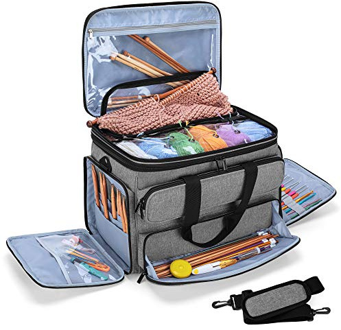 Yarwo Bolsas de Labores, Organizador para Lanas con Cubierta, Bolsa de Almacenamiento para Agujas de Tejer (hasta 35.5cm), Ganchillos, Ovillos de Hilo y Otros Accesorios, Gris (Solo Bolsa)