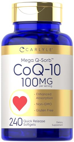 Carlyle CoQ10 100mg Softgels | 240 Count | Mega Q-Sorb Coenzyme Q-10 | with Black Pepper Extract | Non-GMO and Gluten Free Supplement