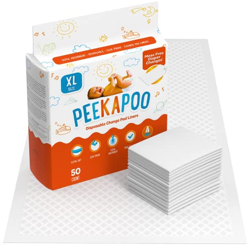 Peekapoo X-Large (30x18) Disposable Changing Pads for Baby – Portable Changing Pad Liners for Mess Free Travel, Ultra Absorbent, Waterproof and Super Soft, 50 Count