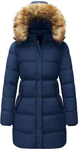 WenVen Women's Winter Warm Thicken Long Coat Warm Quilted Jacket with Faux Fur Removable Hood Navy L