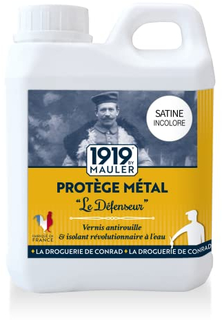 1919 BY MAULER - Vernis Métal Antirouille Le Défenseur - Satiné Incolore - 1L - Multisupport intérieur/extérieur – Fer, Cuivre, Laiton – Résiste à l’Usure, Chocs et Intempéries