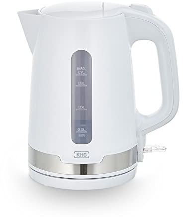 KHG Wasserkocher für 1,7 Liter Wasser, 2.200 Watt, kabellose Kanne, 360° Sockel, Abschaltautomatik, herausnehmbarer Kalkfilter, Trockengehschutz, Wasserstandsanzeige einseitig - Weiß