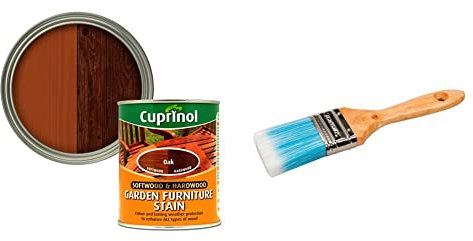 CUPRINOL 5158525 Garden Furniture Stain Exterior Woodcare, Oak,750ML & Silverline Synthetic Paint Brush 50mm / 2 (367969)