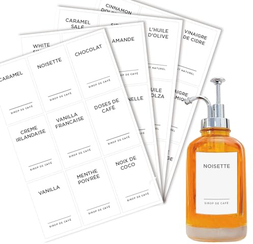 cdxhome Lot de 84 étiquettes de sirop de café pour caramel, vanille, chocolat, autocollants imperméables pour bouteille de sirop de café, distributeur d'accessoires (blanc)