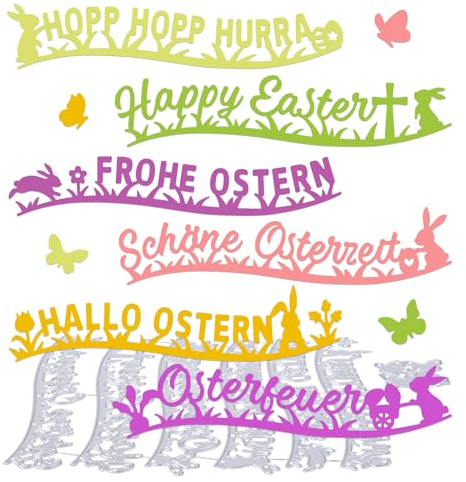 BETESSIN 6Pcs Stanzschablonen Frohe Ostern Stanze Stanzform Rand Deutsch Schriftzug Scrapbooking Spitze Cutting Dies für DIY Kartenbasteln Grußkarten Geschenkverpackung
