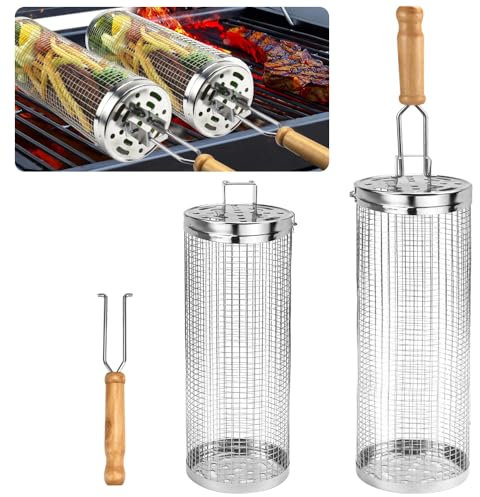 DTYGUIXE 2 Pz Cestello per Grigliare Rotante,Cestello Barbecue in Acciaio Inox con Manico,Cilindro per Cestello per Griglia Rotante a 360°,Cilindro in Rete Metallica per Barbecue all'Aperto