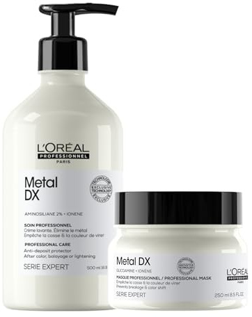 L'Oréal Professionnel XL-Pflegeduo für alle Haartypen, beugt Haarbruch & Farbveränderungen vor, Anti-Frizz, Mit Glicoamin, Serie Expert, Metal DX Shampoo 500ml & Maske