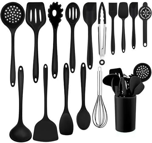 Homikit Set di utensili da cucina in silicone, 16 pezzi Set di utensili da cucina neri, Set di utensili da cucina resistenti al calore con portautensili, sani e antiaderenti, lavabili in lavastoviglie