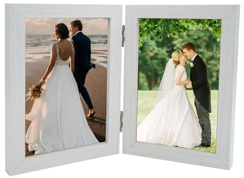 TESSTSY Cornice Doppia 10x15, Portafoto da Tavolo, Portafoto Doppio, Portafoto Pieghevole in Legno, Cornice Portafoto, con Lastra di Vetro, per Camera da Letto, Soggiorno e Ufficio (Bianco)