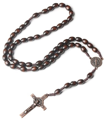 ZILZUFA Collier Chapelet Croix Catholique, Perles de Prière en Bois Naturel avec Croix Médaille Jésus Christ Saint Benoît, pour Chrétiens Catholiques Communion Religieuse, Baptême, Messe, Bible
