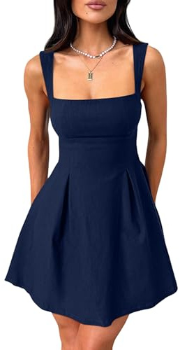 YMDUCH Women's Sexy Sleeveless Square Neck Adjustable Straps Bow Tie A-line Mini Party Club Dress Navy Medium