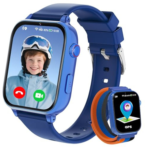 Montre Connectée Enfant 4G GPS - Smartwatch Téléphone Pour Fille Garçon avec SOS, Chat, Appel Vidéo, WiFi, Mode Classe, Réveil, Caméra, Jeux, Montre Intelligente Pour Enfants Cadeau 4 à 12 Ans, Bleu