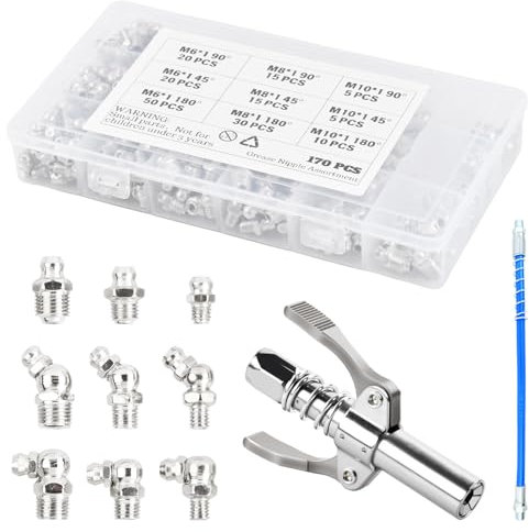 Focenat Set di Ingrassatori, 170 Pezzi Ingrassatori M6 M8 M10 e Ingrassatore con Tubo Flessibile da 30cm, Raccordo per Ingrassatore, Assortimento Ingrassatori per Tutti Pressa Grasso