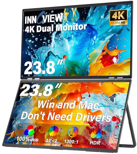 InnoView Dual Portable Monitor 23.8 3840x2160P 4K 100% sRGB 315°Adjustable Dual Stacked Foldable Monitor Built-in Speakers Screen Extender with HDMI/USB-C/DP for Laptop Windows Mac