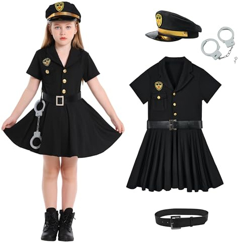 LOLANTA Polisdräkt för barn, polisdräkt, uniform, flickor, pojkar, polis, cosplay, set för karneval, halloweenfest, kostym, hatt + bälte + manschetter