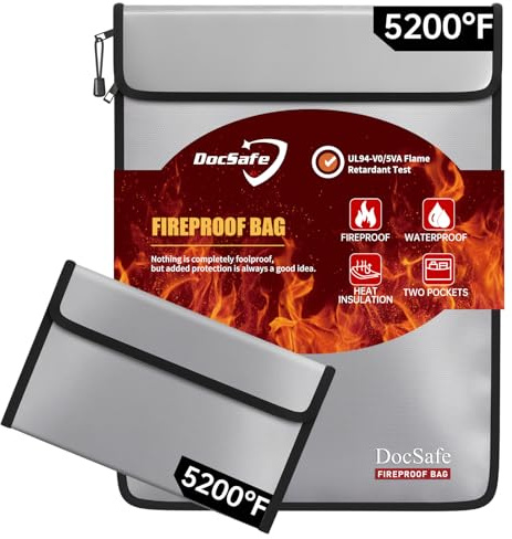 DocSafe Fireproof Document Bag (5200℉) with Fireproof Organizer Travel Case,Heat Insulated Fire＆Water Resistant 8 Layers Safe Money Bag Storage for Important Documents,Cash,Power Bank,Valuables,Gray