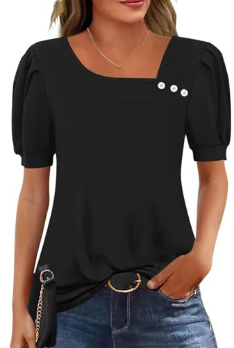 Rapbin Womens Blouse Puff Short Sleeve T-Shirt Buttons Shirt Elegant Asymmetrical Neck Tunic Ladies Top for Leggings