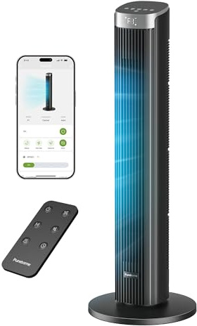 Pureborne 23 dB tyst pelarfläkt, 36 tum/91,4 cm, smart stående fläkt 90° svängning, 4 hastigheter och 4 lägen, 12 timmars timer, för sovrum, svart