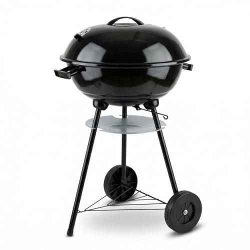 GLAC STORE Barbecue a Sfera con Coperchio, Grill a Carbonella da Esterno, Ø 44 cm, 70 cm Altezza, con Ruote e Raccoglicenere, Nero