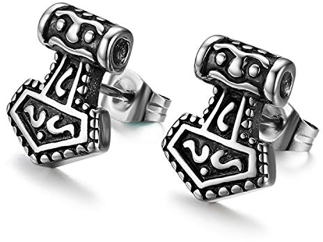 JewelryWe Herren Ohrstecker, Edelstahl Retro Thors Hammer Ohrringe Mjöllnir Ohrschmuck, Schwarz Silber