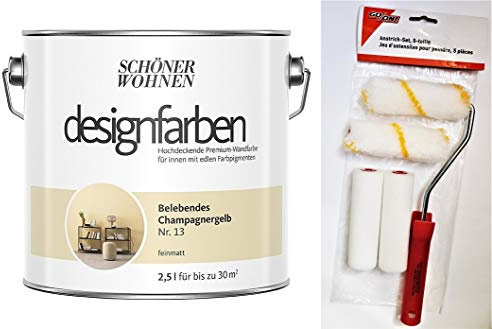 Schöner Wohnen designfarben feinmatte Wandfarbe für innen 2,5 Liter mit go/on Rollen-Set 5-tlg (Nr 13 Belebendes Champagnergelb)
