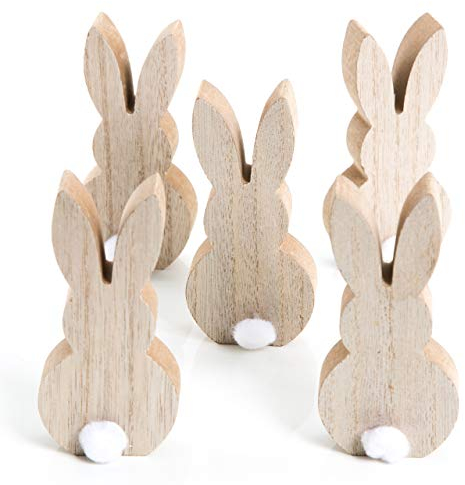 Logbuch-Verlag Set da 5 coniglietti pasquali in legno naturale, 12 cm: decorazioni pasqua rustiche con coda bianca, conigli decorativi per tavola, finestra o mensola, idea regalo primaverile per casa