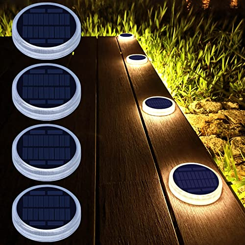 4 Stück Solarleuchten für Außen, Garten Solarlampen Bodenleuchte 24 LED 360° Solarlicht Bodeneinbauleuchten IP68 Auto On/Off Landschaft Beleuchtung für Treppe Gehweg Hof Boot, Warmweiß 3000K