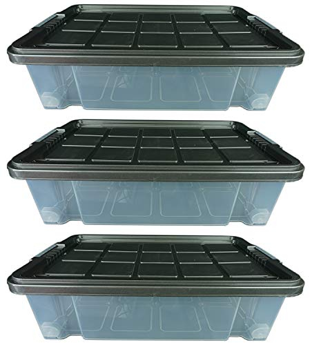 Novaliv Lot de 3 boîtes de rangement à roulettes plates avec couvercle - 28 l - 61 x 40 x 18 cm - Gris transparent - Gris anthracite - Boîtes de rangement sous le lit