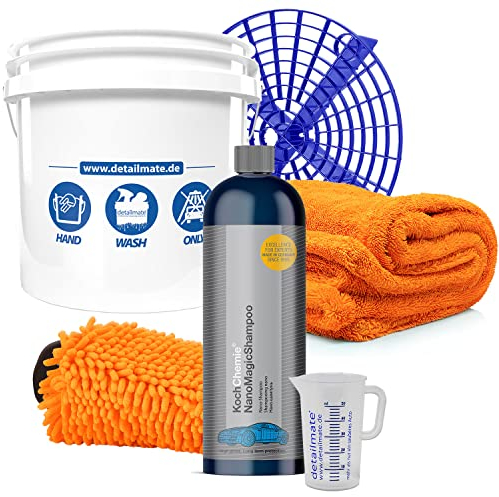 detailmate Hand-WASH-ONLY-Set: GritGuard Wascheimer 3,5 GAL + Schmutzeinsatz + KochChemie NanoMagic Autoshampoo 750ml + Messbecher + Nuke Guys Gamma Dryer XXL + Waschhandschuh + Messbecher