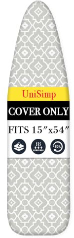 UniSimp Ironing Board Cover and Pad 15x54 Extra Thick Natural Cotton, Scorch and Stain Resistant Padding, Standard Size Iron Board Cover with Fasteners Heavy Duty Elastic Edge, Heatproof Geometric