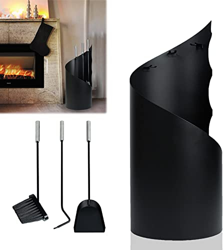 VA-Cerulean Set di posate per camino, nero, con manico in acciaio inox, 4 pezzi, con protezione per la privacy, pala, scopa, gancio per la pulizia del camino