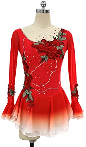 YDHTIZ Damen Professionelle Eiskunstlauf Wettbewerb Kleider Lange Ärmel Strass Damen Schlittschuh Tanz Kostüm Wettbewerb Training Athletic Weibliche