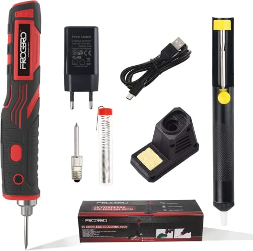 FrogBro Set Saldatore a batteria da 11 W con 2 punte di saldatura, 1 pompa dissaldante e cavo Typc C + adattatore EU, Facile da usare, Strumenti di saldatura professionali e sicuri (LD006A-Pro-SET)
