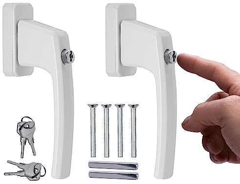 Stahlia Låsbara fönsterhandtag aluminium (2 stycken) vita ergonomiska tryckknappar, balkongdörrhandtag, fönstersäkring, fönsterbeslag fönsterlås