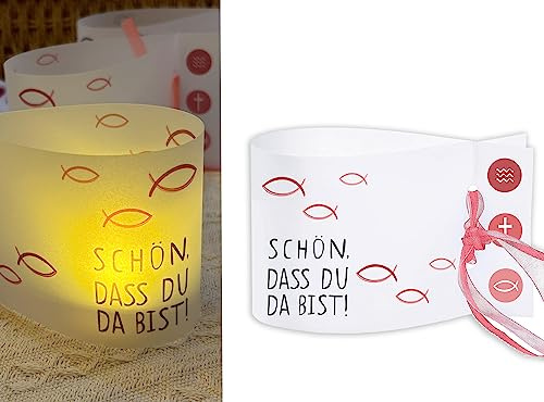Sugeru® Lot de 16 mini photophores décoratifs en forme de poisson,Décoration de table pour garçon et fille,Pour communion, baptême, bougie chauffe-plat I Schön DASS du da bist I env. 12x8 cm (rouge)