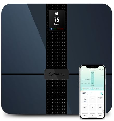 Etekcity Körperfettwaage mit Großem Display, Waage mit Körperfett und Muskelmasse, präzise Personenwaage mit Herzfrequenz, unbegrenzte Benutzerprofile in der App, Wifi&Bluetooth, USB-Aufladung