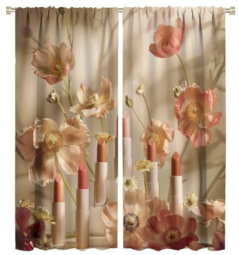 TOWINSFB Floral Rustic Blackout Curtains for Bedroom Living Room, Lipstick Colorful Modern Plant Curtains Rod Pocket Thermal Insulated Window Drapes, 2 Panels/Each 27.5 W x 63 L